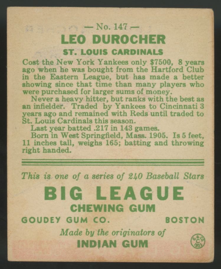 1933 Goudey Leo Durocher #147 VG/EX