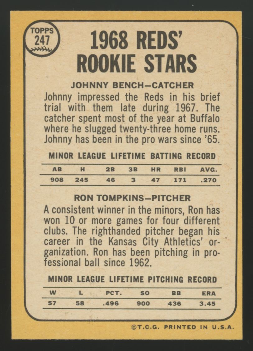 1968 Topps Johnny Bench/Ron Tompkins RC Rookie Stars #247 VG-EX (Wrinkle)