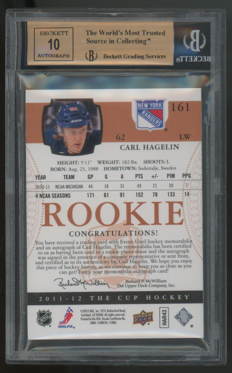 2011-12 Upper Deck The Cup Carl Hagelin RC Patch Auto RPA /249 #161 BGS 9.5 10
