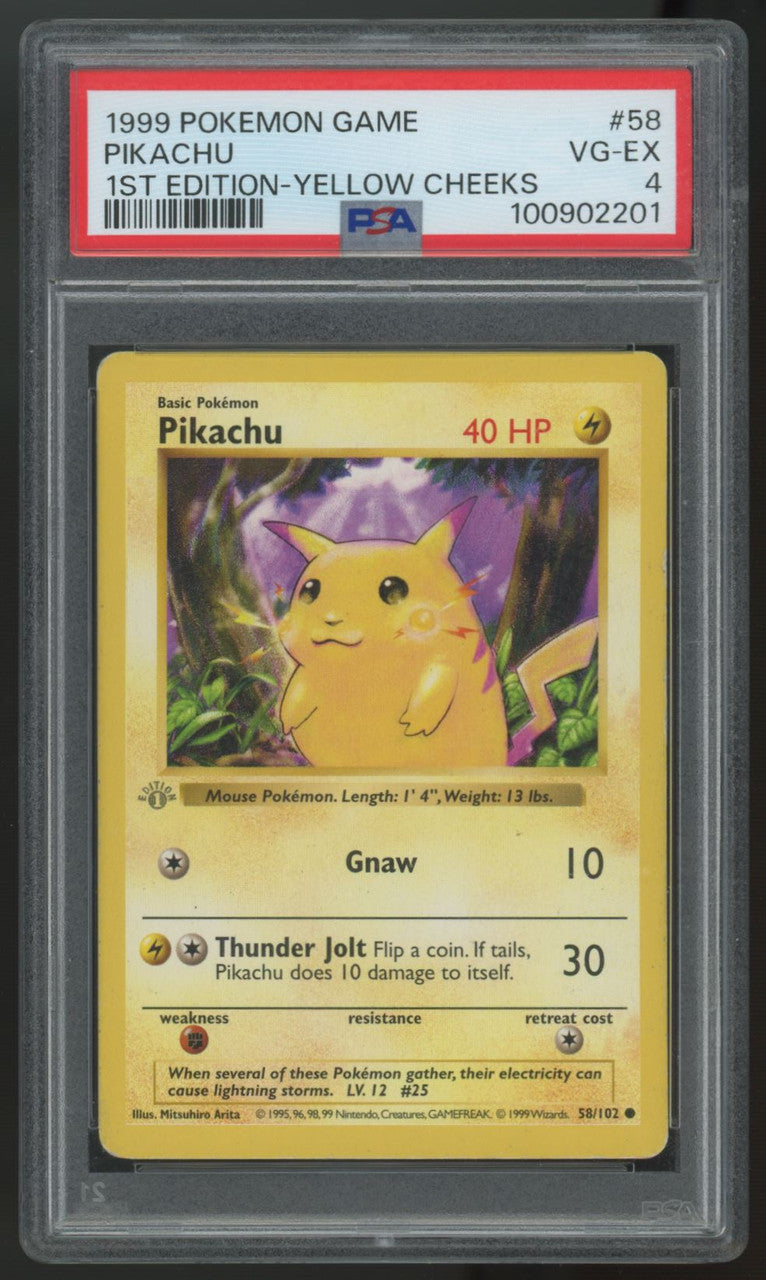 1999 Pokemon Pikachu 1st Edition Base Set Yellow Cheeks Shadowless #58 PSA 4