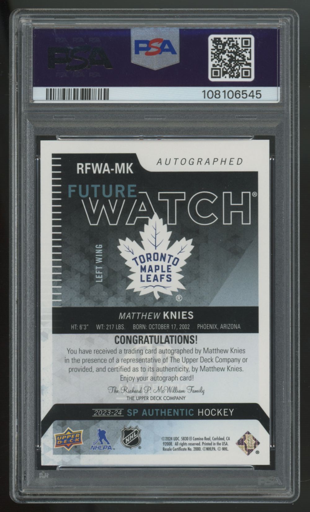 2023-24 UD SP Authentic Matthew Knies RC Retro Future Watch Auto /199 PSA 10