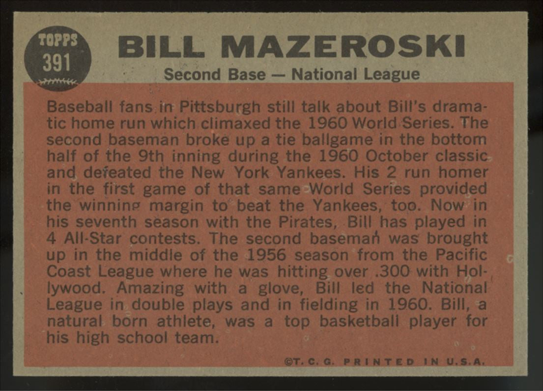 1962 Topps Bill Mazeroski AS #391 EX/MT