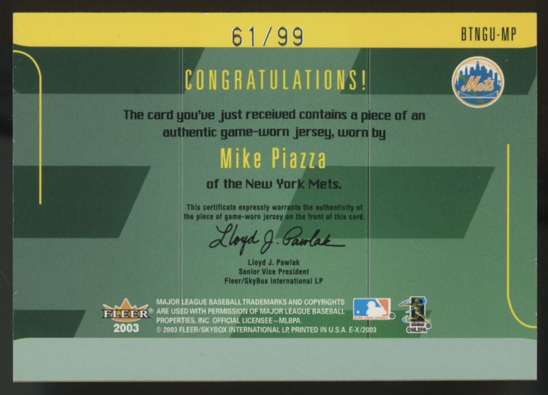 2003 Fleer Mike Piazza Behind The Numbers Game-Worn Patch /99 #BTNGU-MP