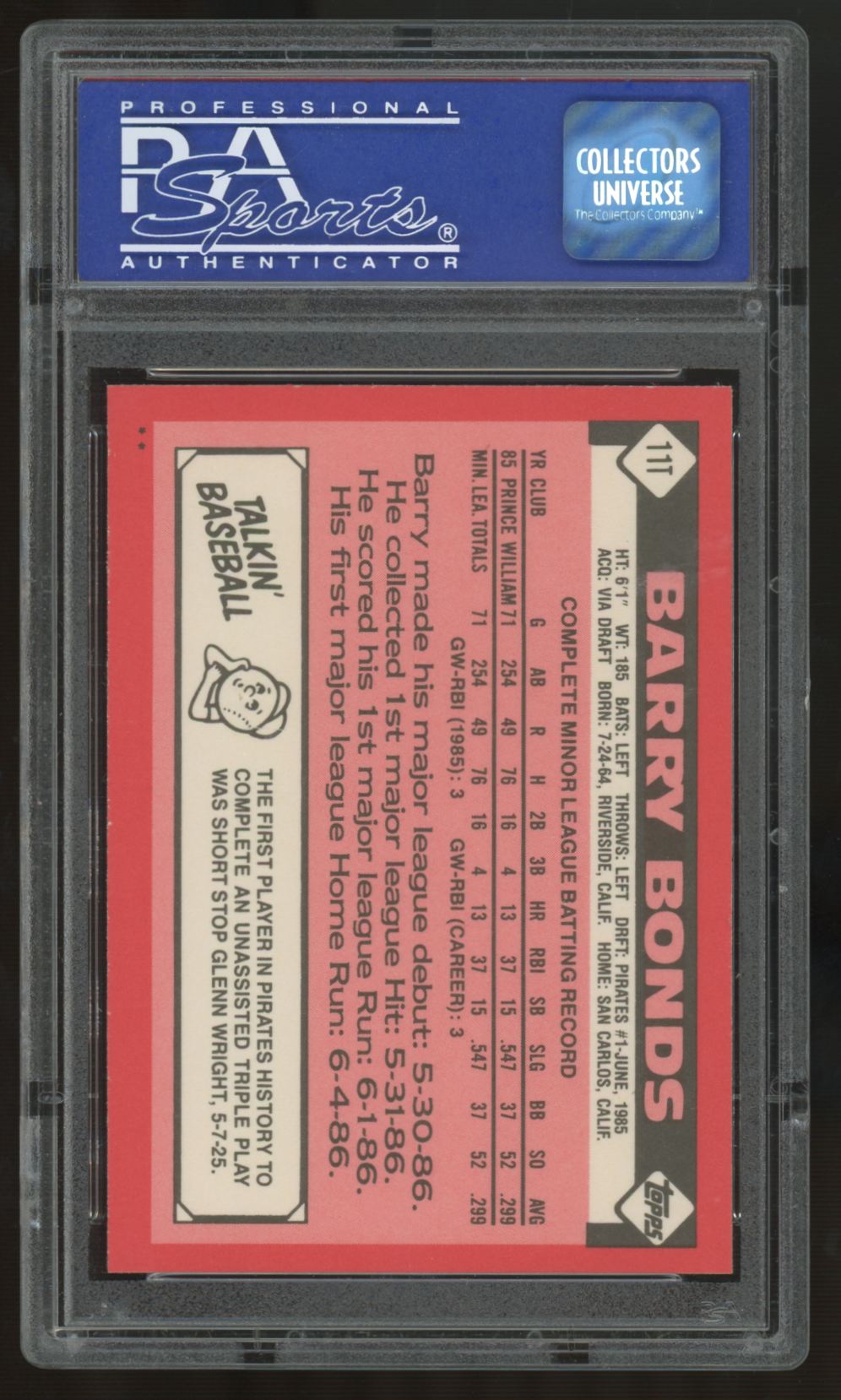 1986 Topps Traded Barry Bonds RC #11T PSA 8 *999