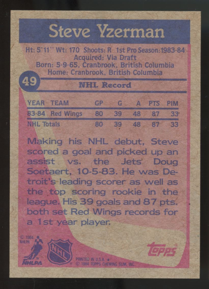 1984-85 Topps Steve Yzerman RC #49 NM "G"