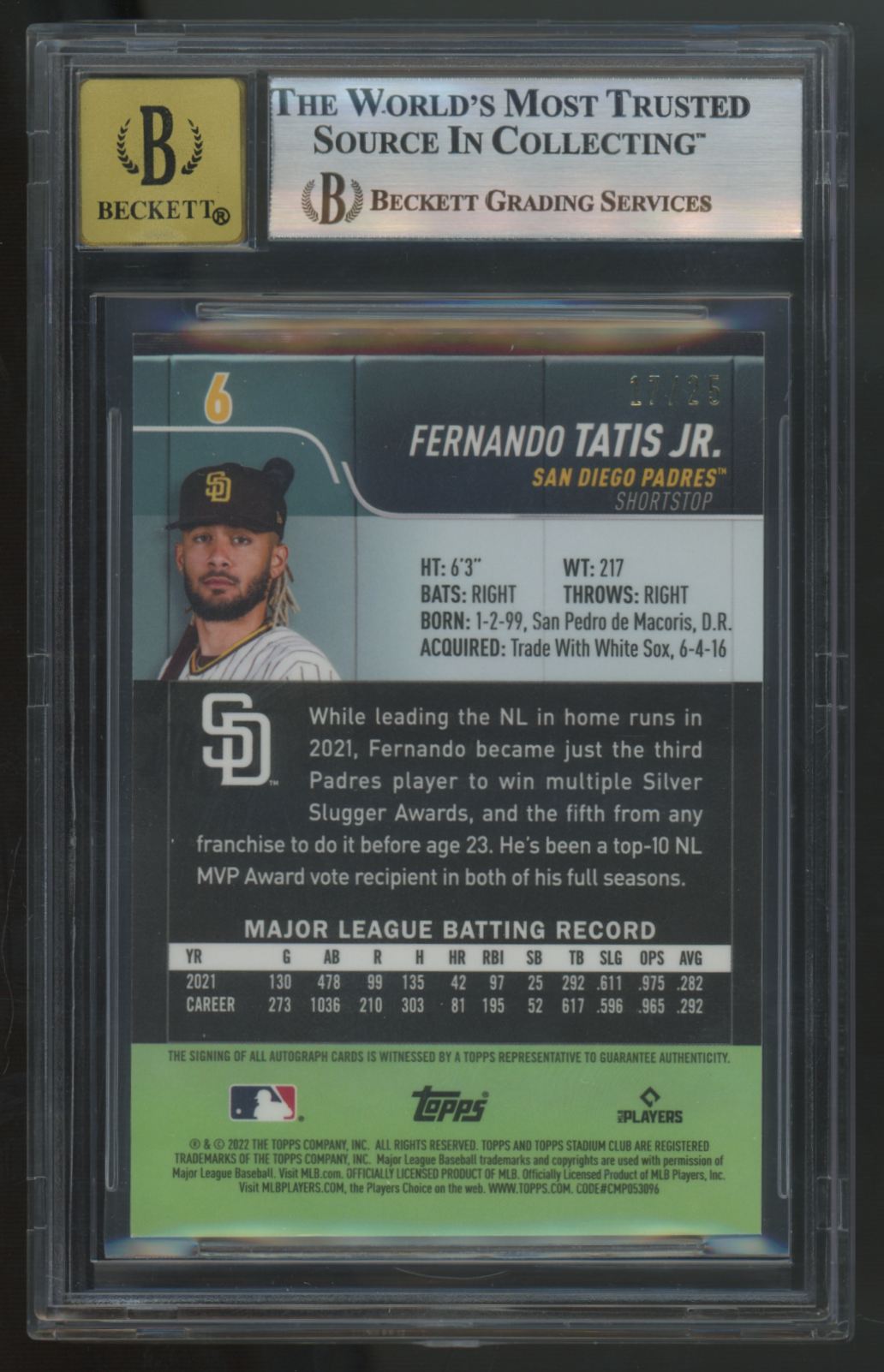2022 Topps Stadium Club Chrome Fernando Tatis Jr. Auto /25 #6 BGS 8 10