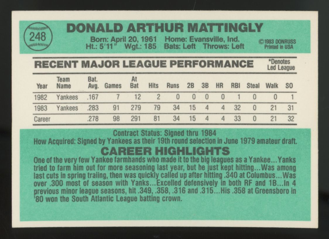 1984 Donruss Don Mattingly RC #248 NM-MT "F"
