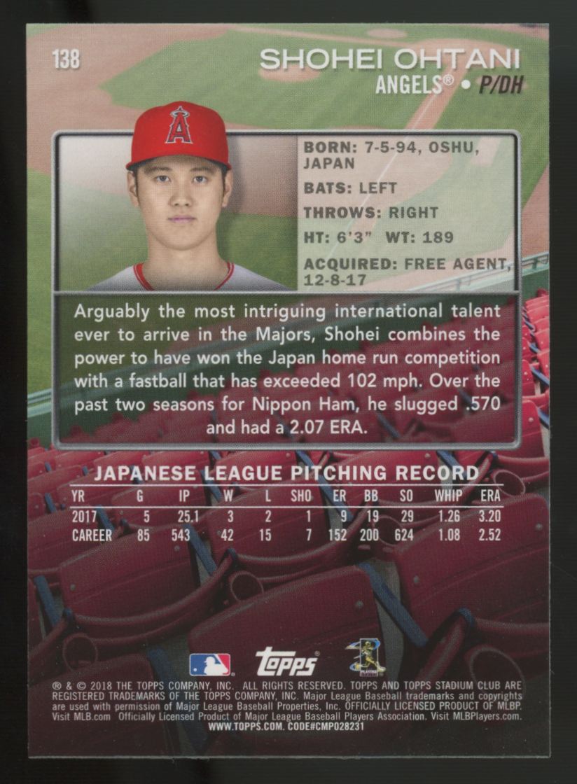 2018 Topps Stadium Club Shohei Ohtani RC #138 "B"