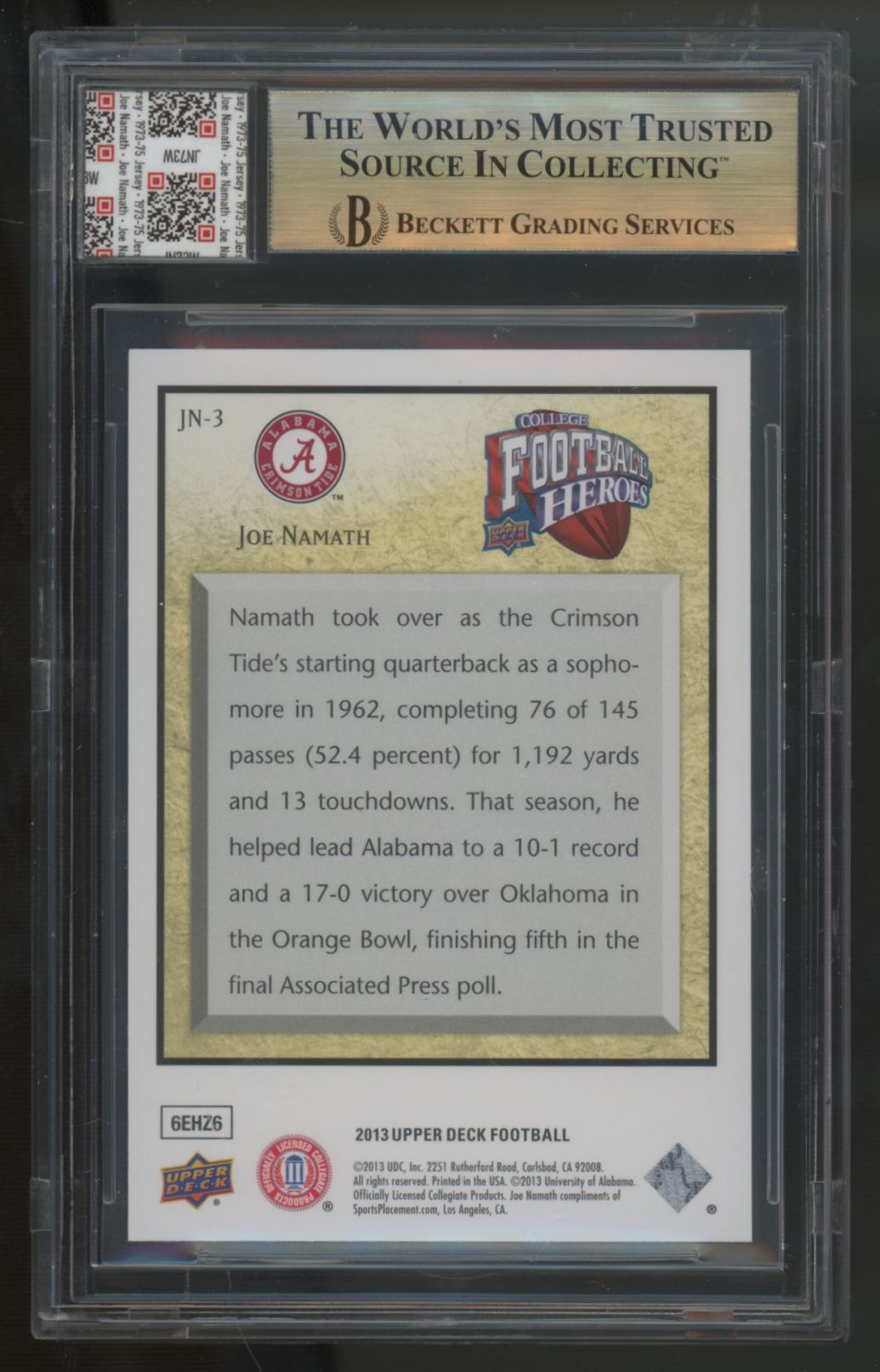 2013 UD Joe Namath Heroes Game Used Patch #JN-13 BGS 9.5 Jersey Fusion Authentic