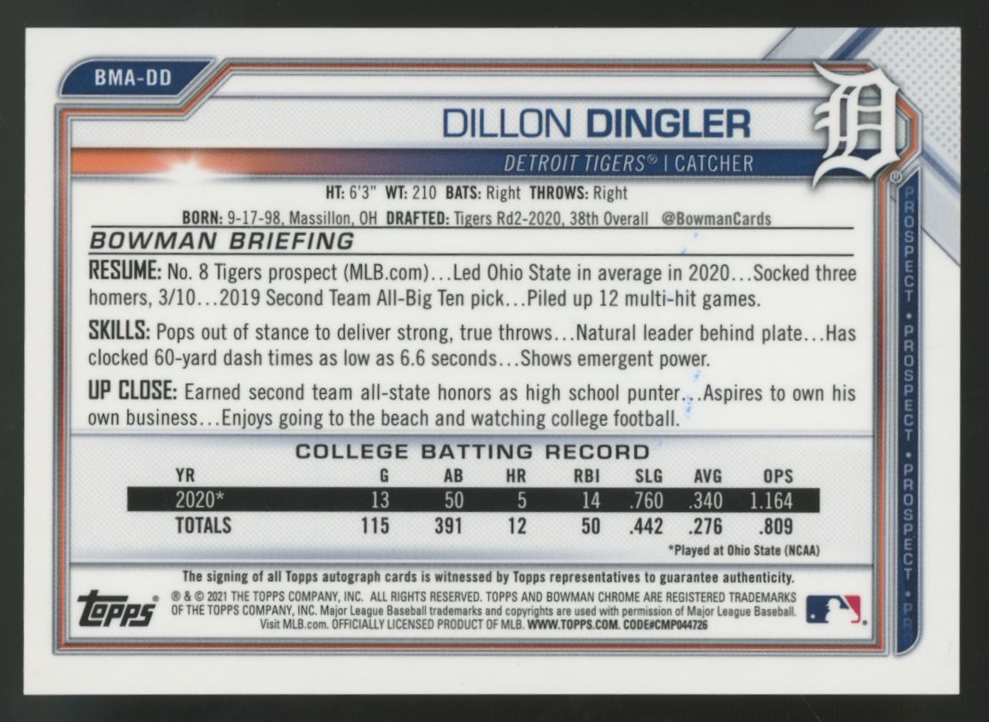 2021 Bowman Chrome Mega Dillon Dingler Blue Refractor Auto /150 #BMA-DD