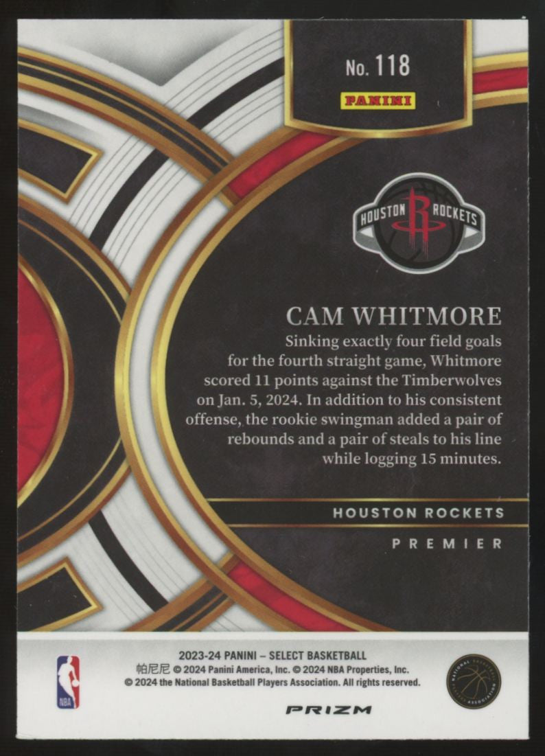 2023-24 Panini Select Cam Whitmore RC Premier Tiger Prizm SSP #118