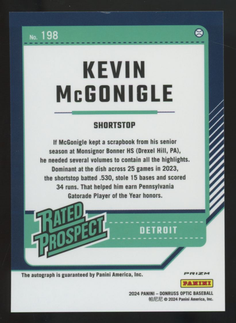 2024 Donruss Optic Kevin McGonigle Rated Prospect Holo Auto #198