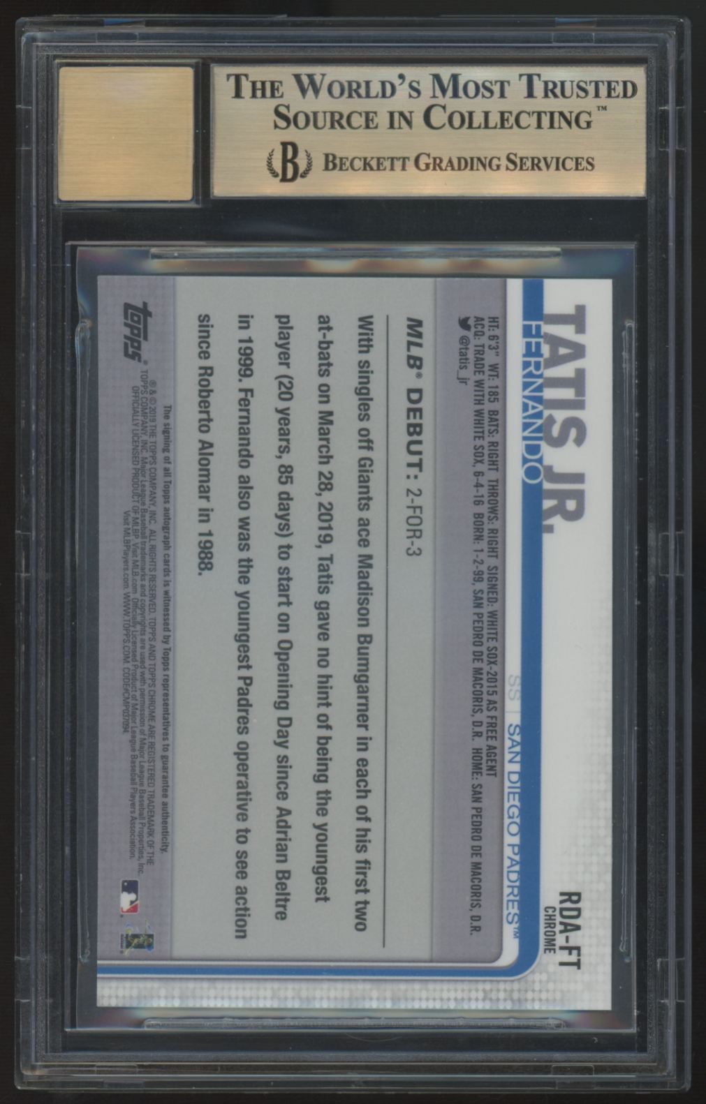2019 Topps Chrome Update Fernando Tatis Jr. RC Auto Refractor #RDA-FT BGS 9.5 10