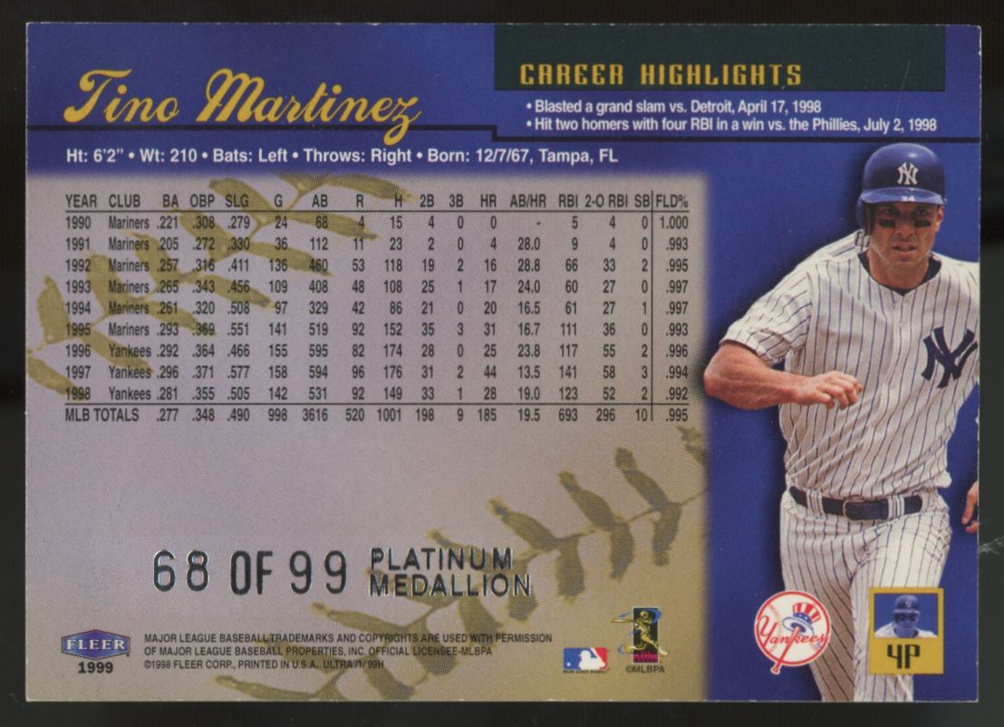 1999 Fleer Ultra Tino Martinez Platinum Medallion /99 #4P