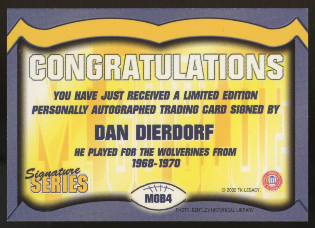2002 TK Legacy Signature Series Dan Dierdorf Auto #MGB4 "A"