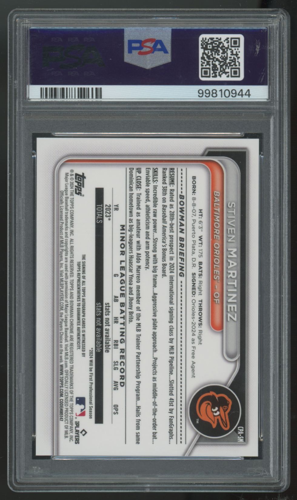 2024 Bowman Chrome Stiven Martinez 1st Prospect Orange Auto /25 #CPA-SM PSA 10