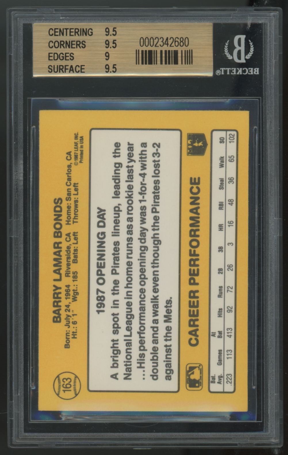 1987 Donruss Opening Day Barry Bonds RC Correct Photo #163 BGS 9.5