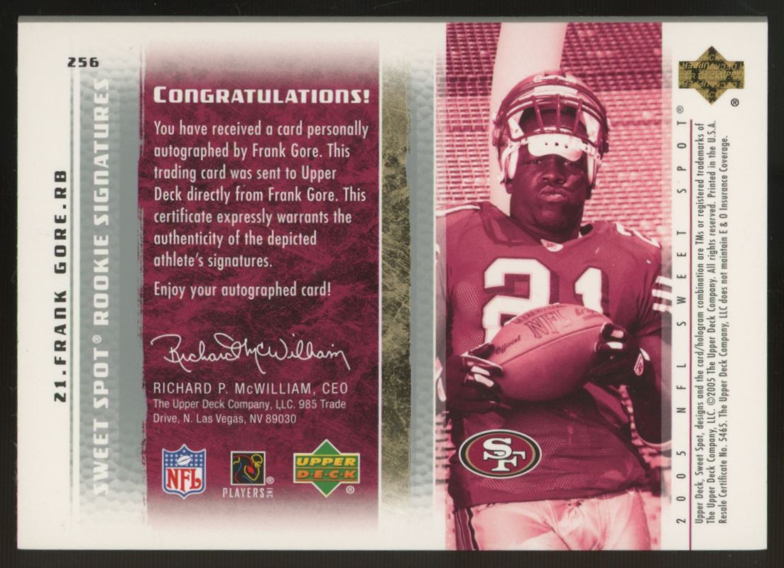 2005 Upper Deck Sweet Spot Frank Gore RC Signature Auto /650 #256