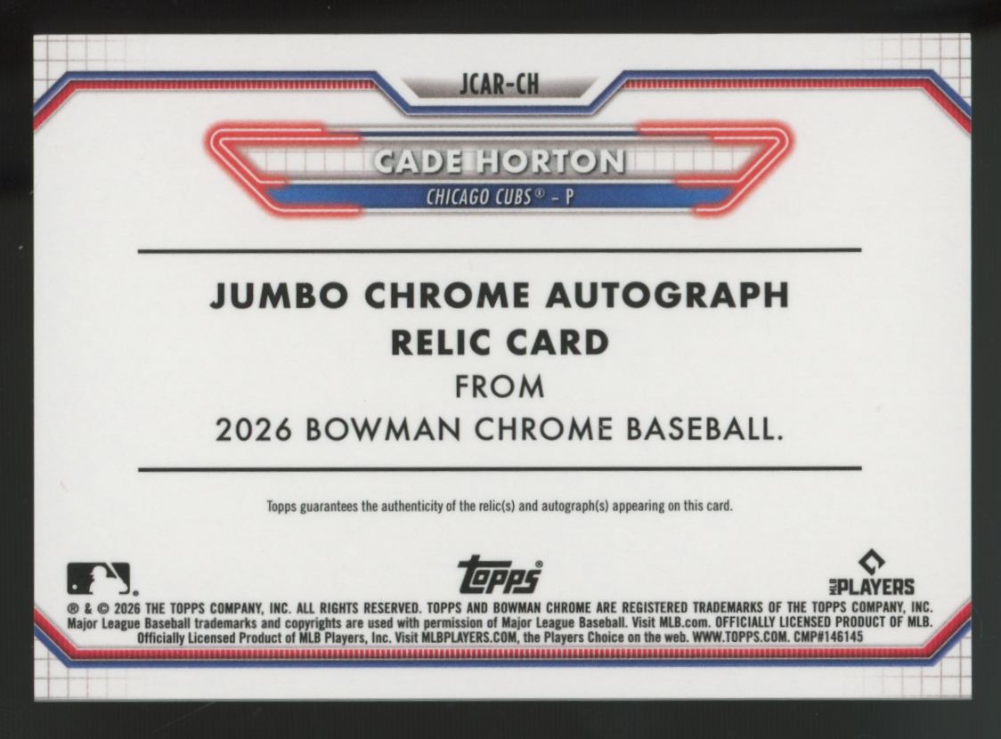 2026 Bowman Chrome Cade Horton Jumbo Patch Auto /150 #JCAR-CH