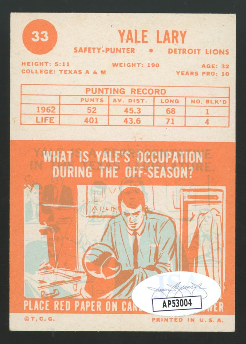 1963 Topps Yale Lary #33 Signed Auto JSA