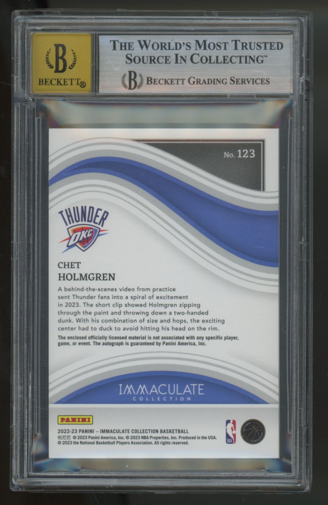 2022-23 Immaculate Chet Holmgren RC Jersey Patch Auto RPA /99 #123 BGS 8.5 10