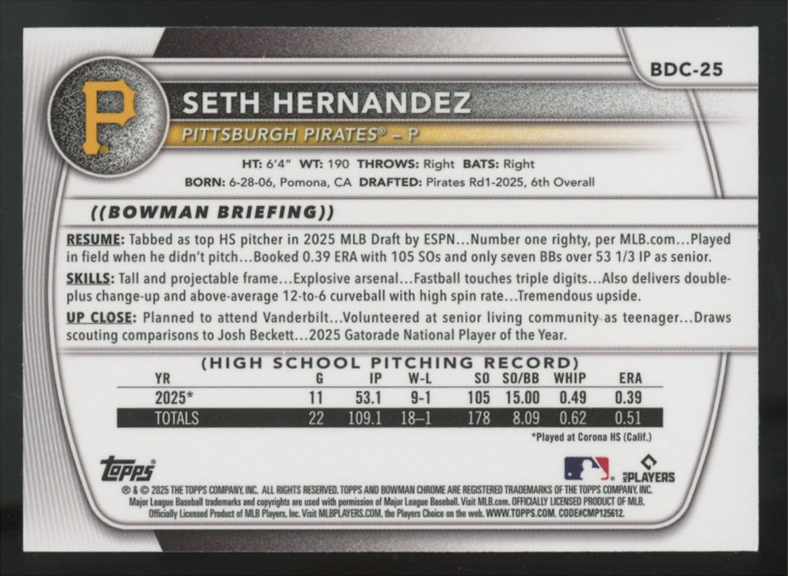 2025 Bowman Draft Seth Hernandez 1st Chrome Green Grass Refractor /99 #BDC-25