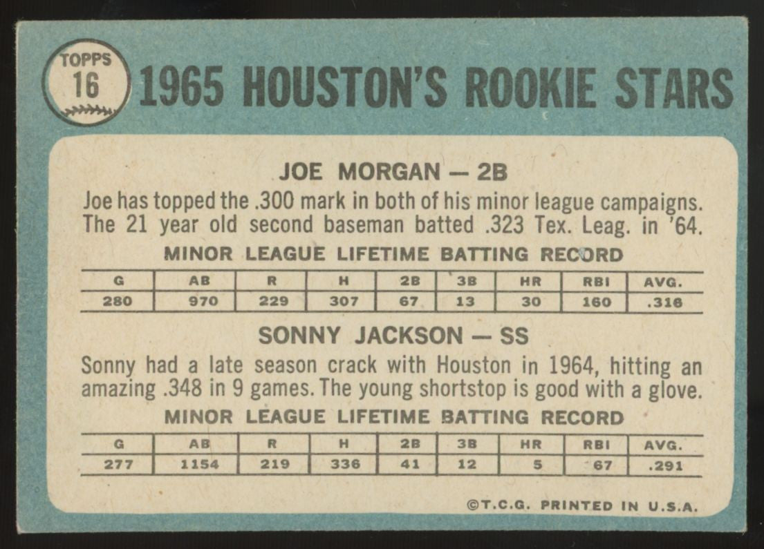 1965 Topps Joe Morgan/Sonny Jackson RC Rookie Stars #16 VG (Wrinkle)