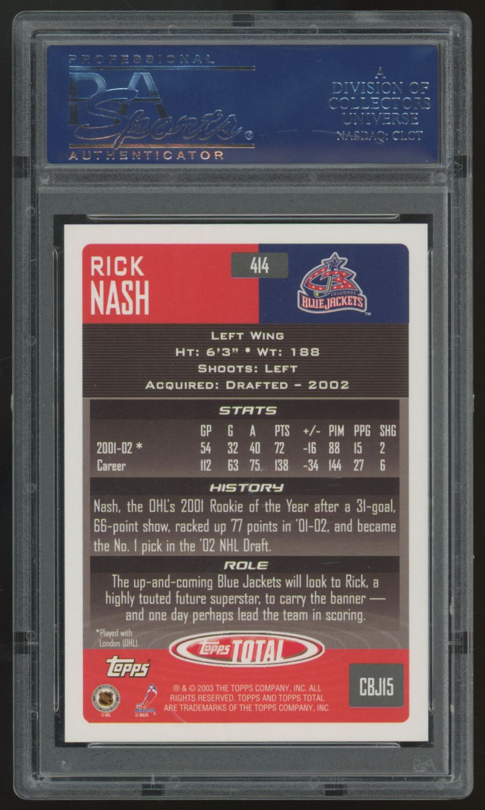2002-03 Topps Total Rick Nash RC #414 PSA 10