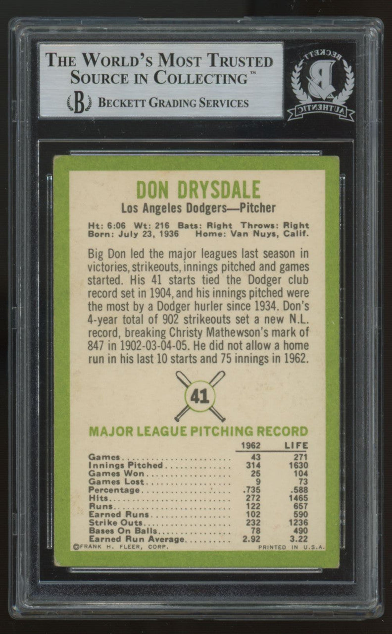 1963 Fleer Don Drysdale #41 Signed Auto BGS Authentic