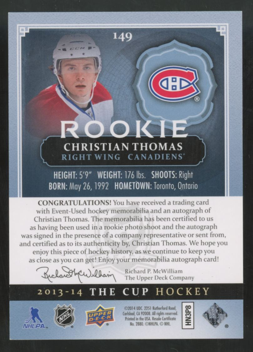 2013-14 Upper Deck The Cup Christian Thomas RC Patch Auto RPA /249 #149
