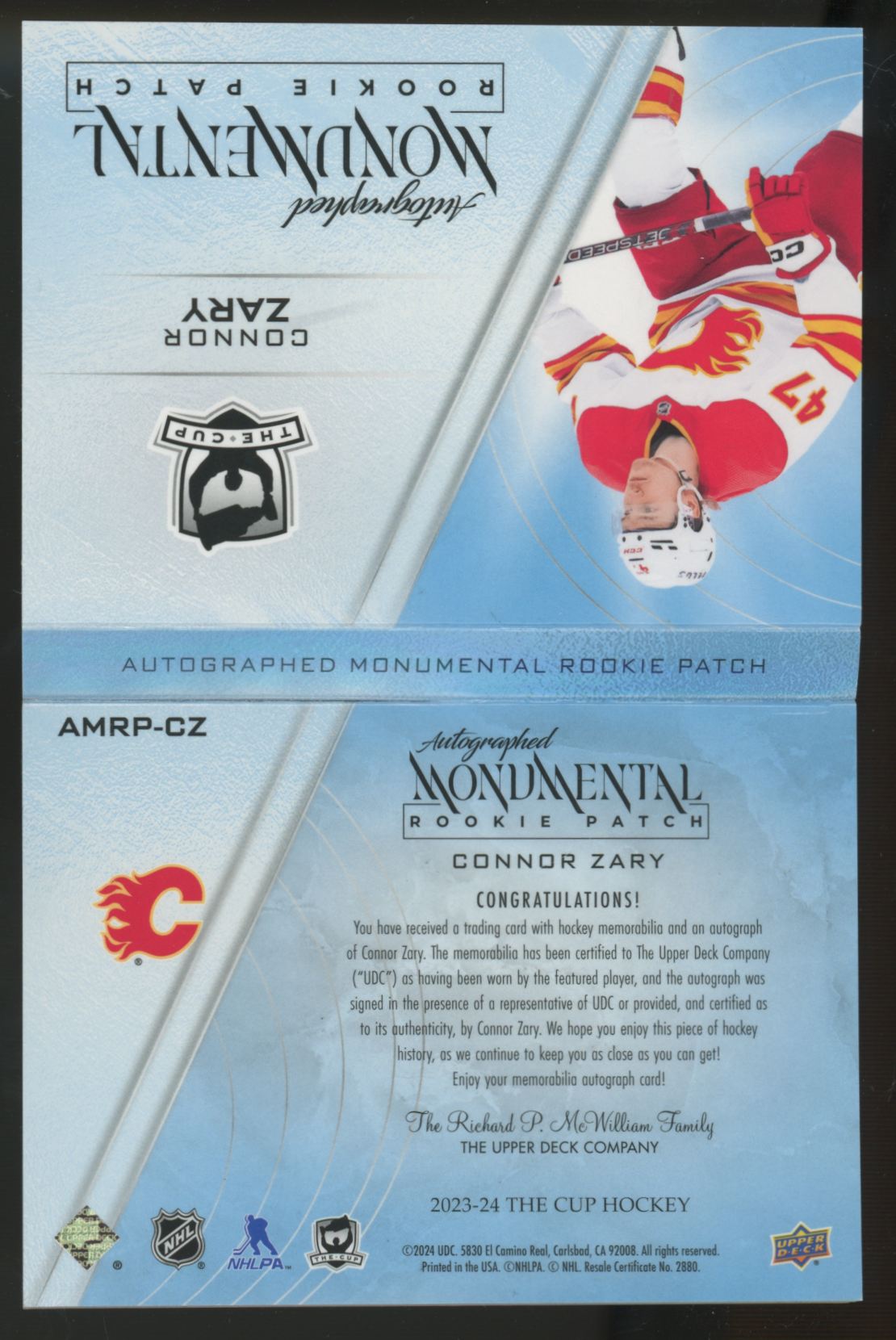 2023-24 UD The Cup Connor Zary RC Monumental Patch Auto Booklet RPA /6 #AMRP-CZ