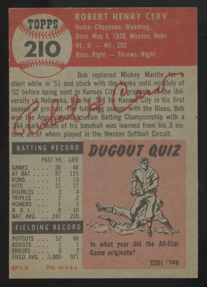 1953 Topps Bob Cerv RC #210 EX/MT