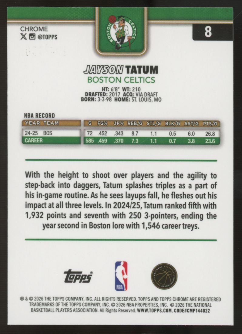 2025-26 Topps Chrome Update Jayson Tatum Blue /150 #8