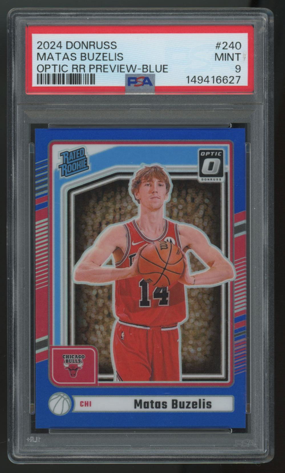 2024-25 Donruss Optic Preview Matas Buzelis RC Blue Rated Rookie /49 #240 PSA 9