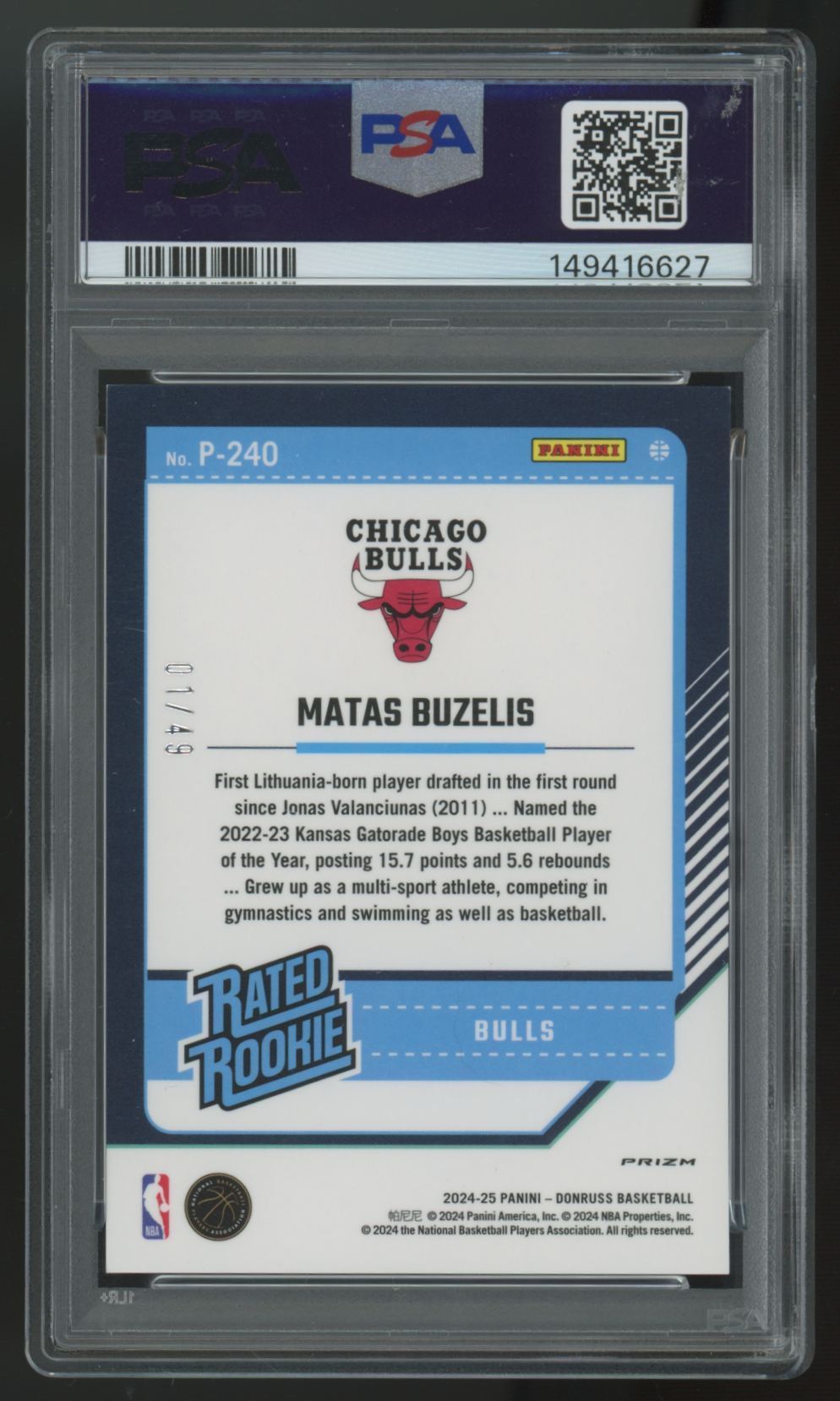 2024-25 Donruss Optic Preview Matas Buzelis RC Blue Rated Rookie /49 #240 PSA 9