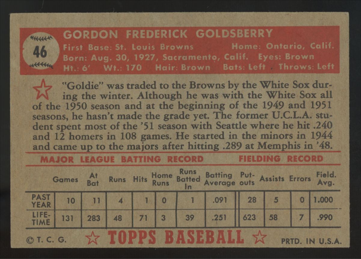 1952 Topps Gordon Goldsberry RC #46 VG