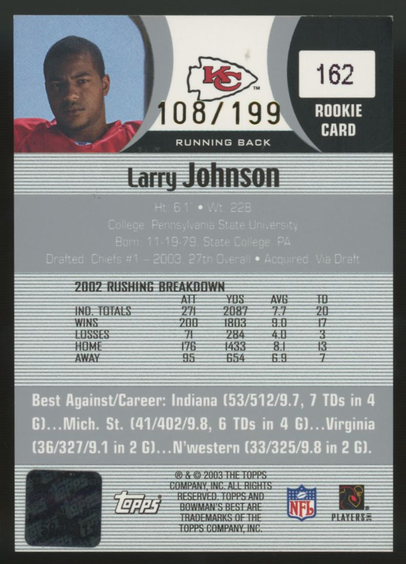 2003 Bowman's Best Larry Johnson RC Auto Refractor /199 #162