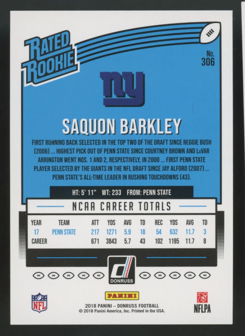 2018 Panini Donruss Saquon Barkley RC Rated Rookie Red Press Proof #306