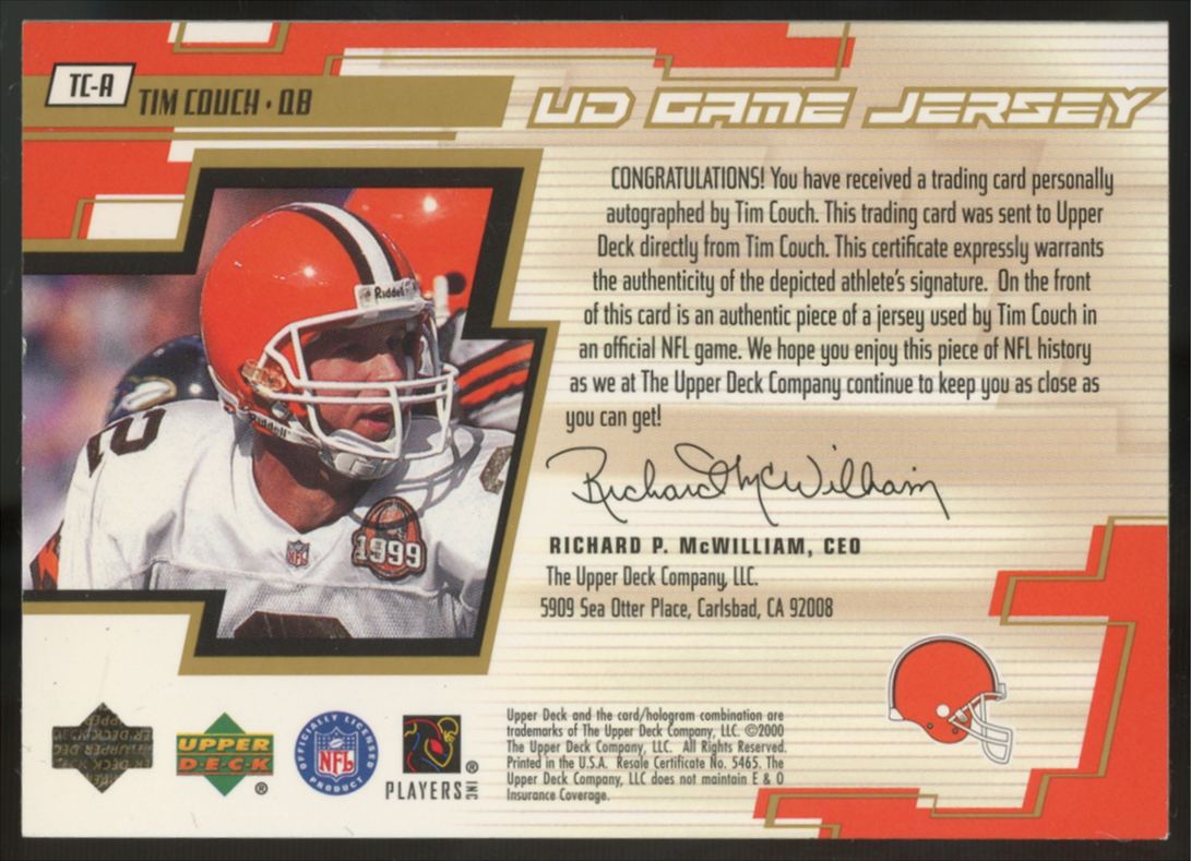 2000 Upper Deck Tim Couch UD Game Jerseys Patch Auto #TC-A