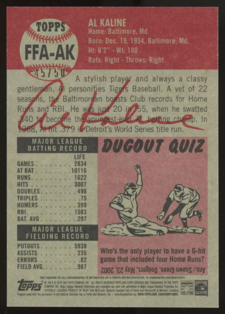 2016 Topps Archives Fan Favorites Al Kaline Auto Red /50 #FFA-AK