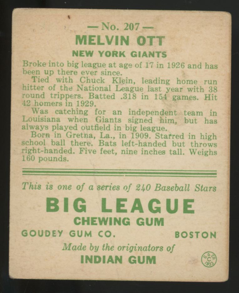 1933 Goudey Melvin Ott #207 Poor