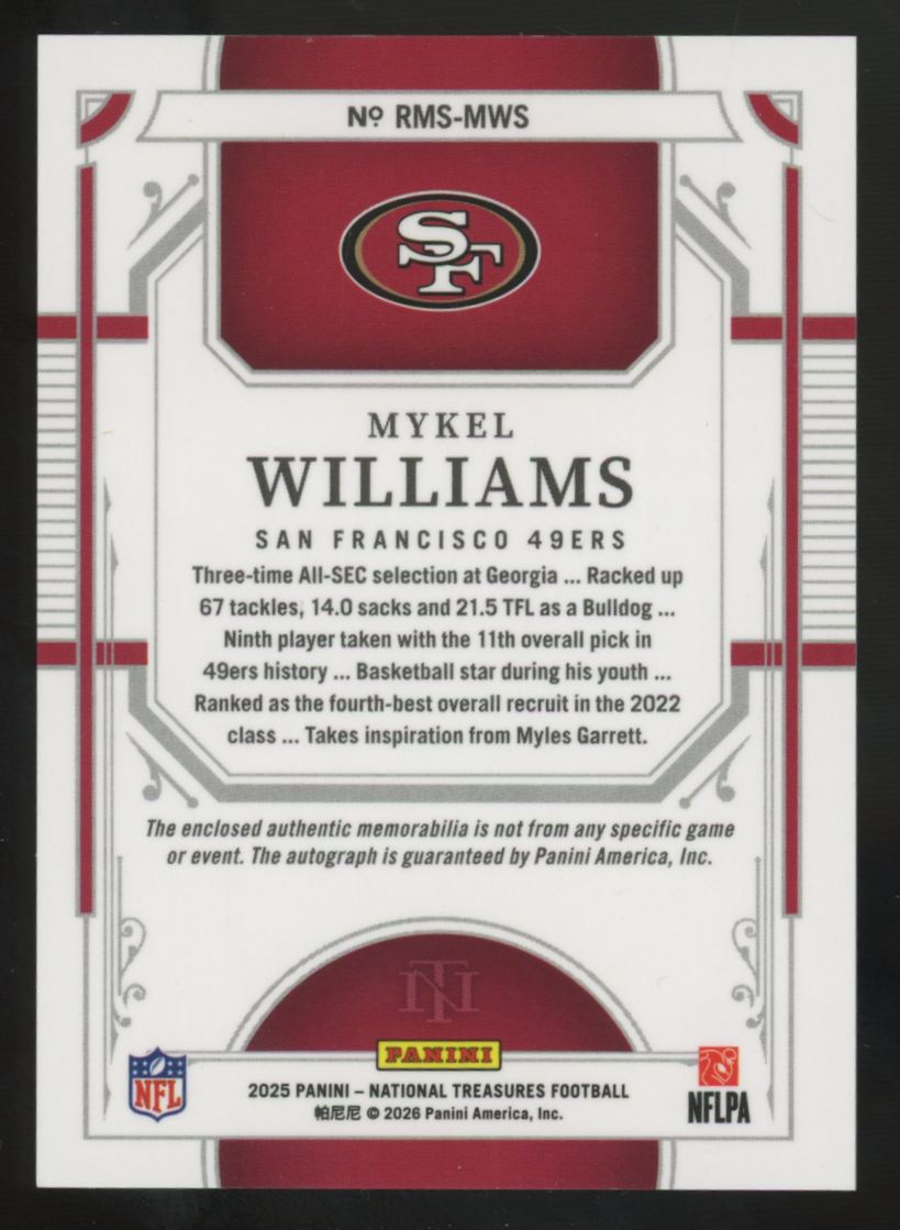 2025 National Treasures Mykel Williams RC Patch Auto Green RPA /98 #RMS-MWS