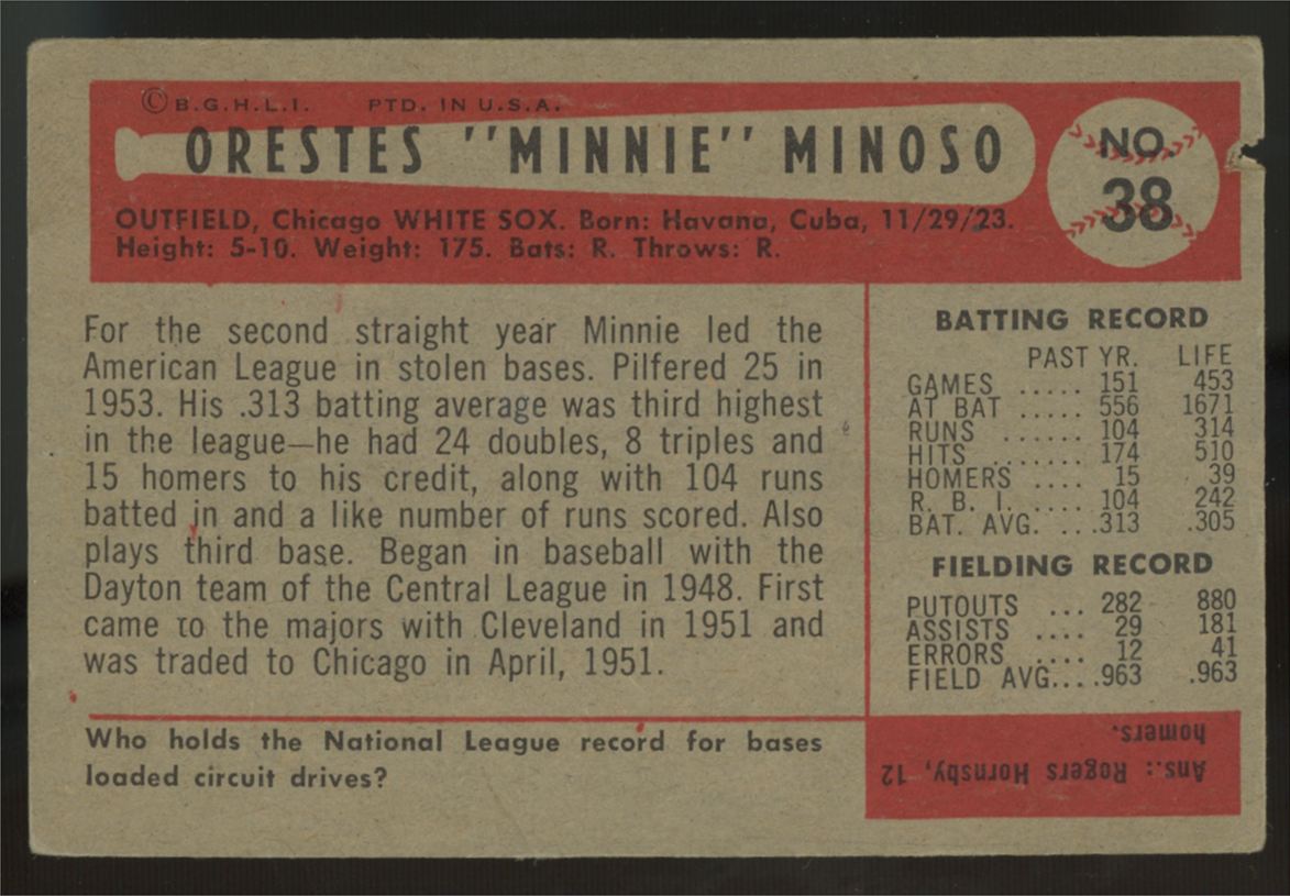 1954 Bowman Orestes "Minnie" Minoso #38 F/G