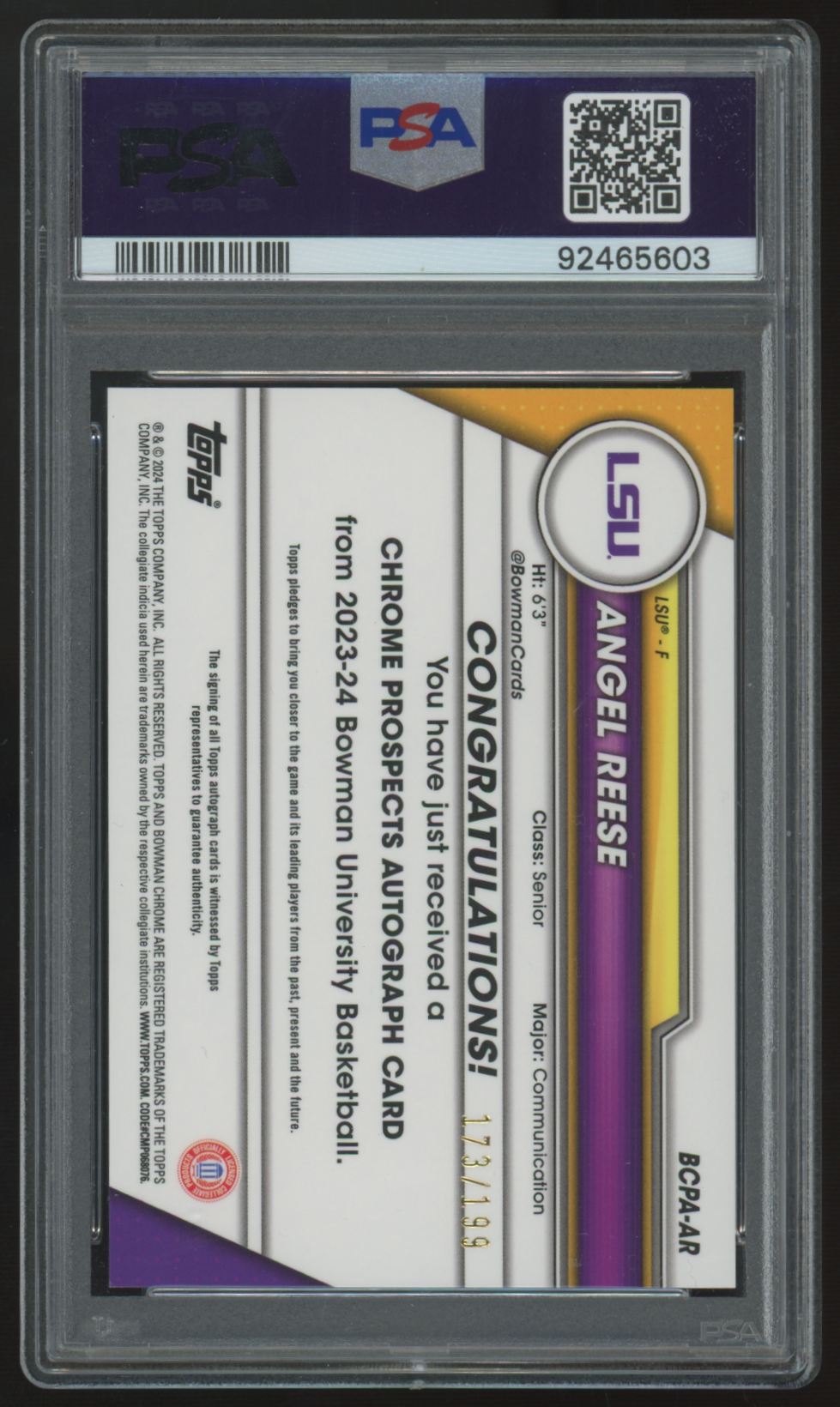 2023-24 Bowman Chrome U Angel Reese 1st Lava Auto /199 #BCPA-AR PSA 10 10
