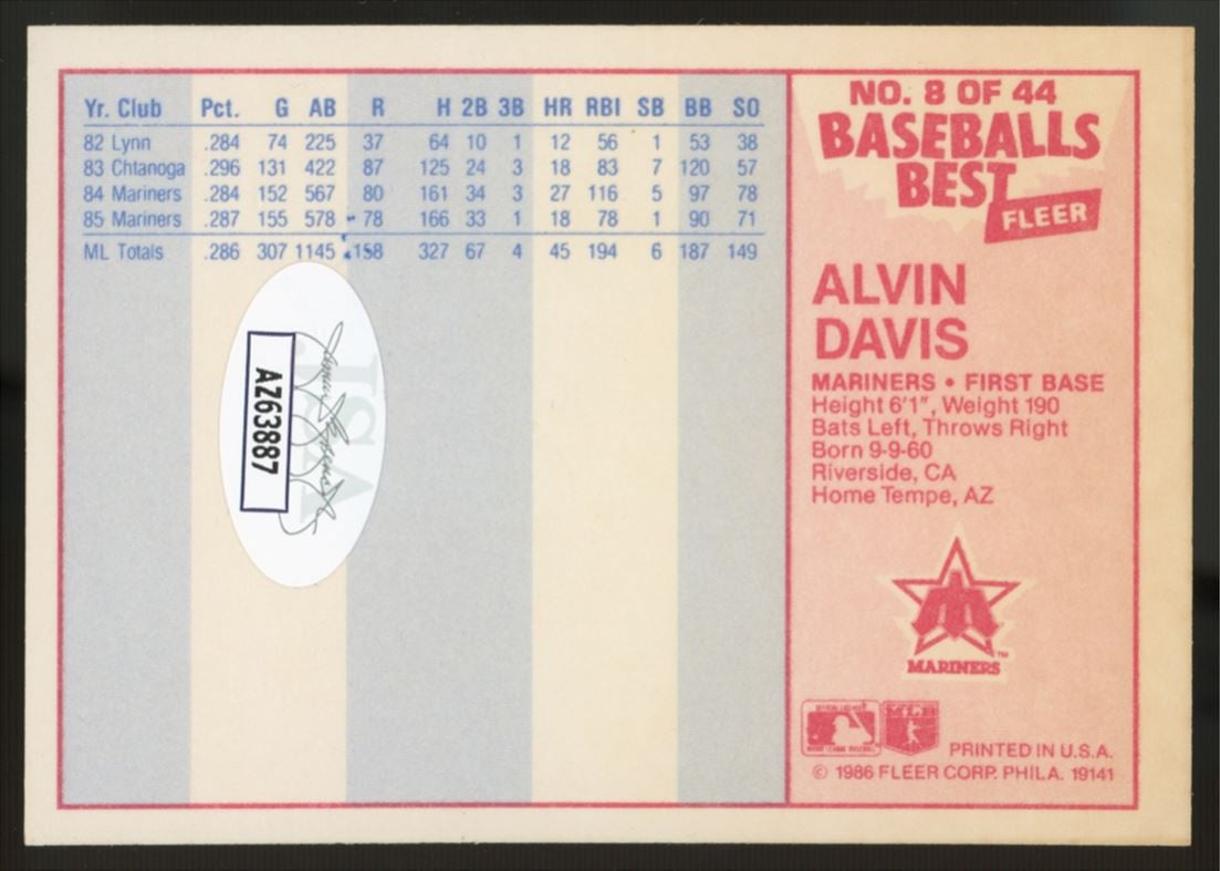 1986 Fleer Baseball's Best Alvin Davis #8 Signed Auto JSA