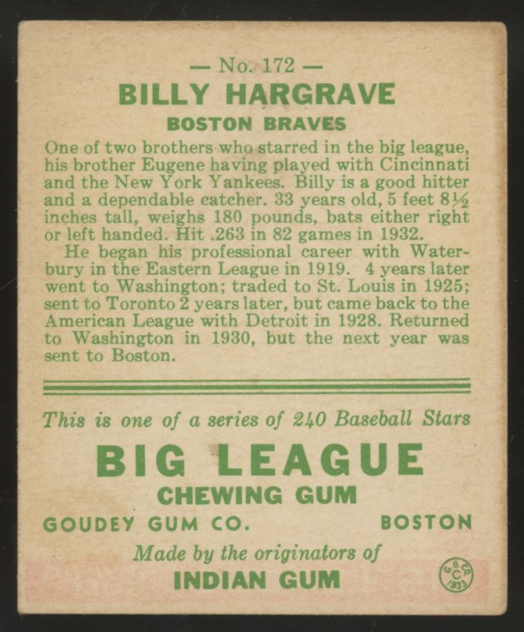 1933 Goudey Billy Hargrave #172 VG+