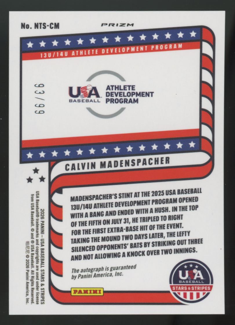 2026 USA Stars & Stripes Calvin Madenspacher Red 13u/14u Development Auto /99