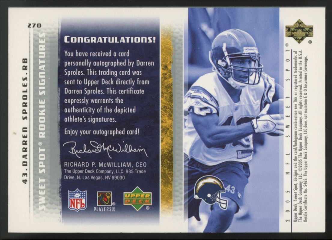 2005 Upper Deck Sweet Spot Darren Sproles RC Rookie Signatures Auto #270