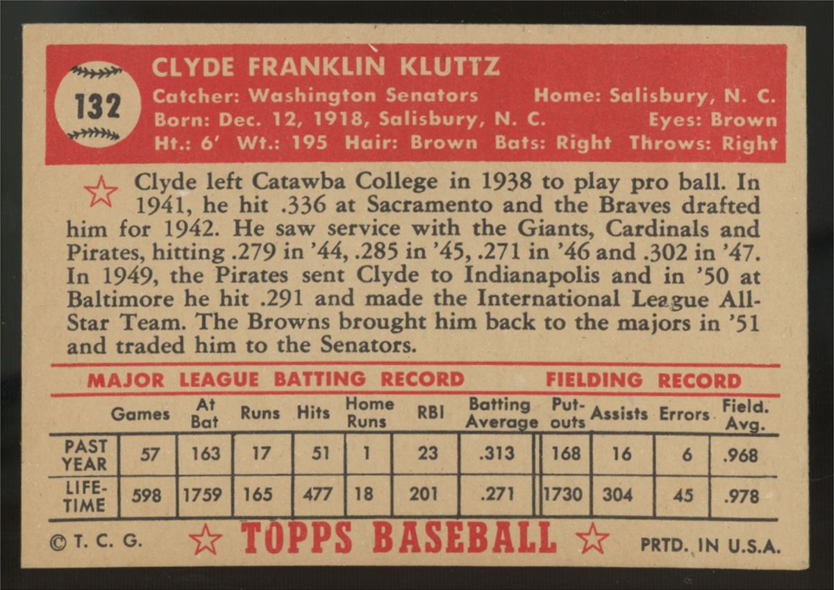 1952 Topps Clyde Kluttz #132 VG/EX