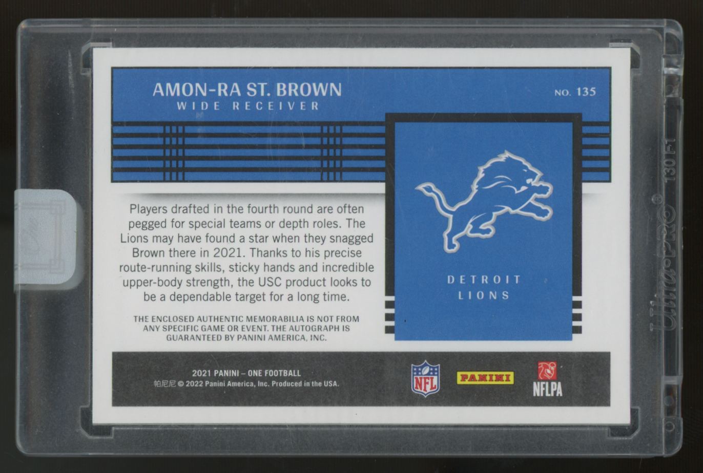 2021 Panini One Amon-Ra St. Brown RC Premium Blue Patch Auto RPA /49 #135